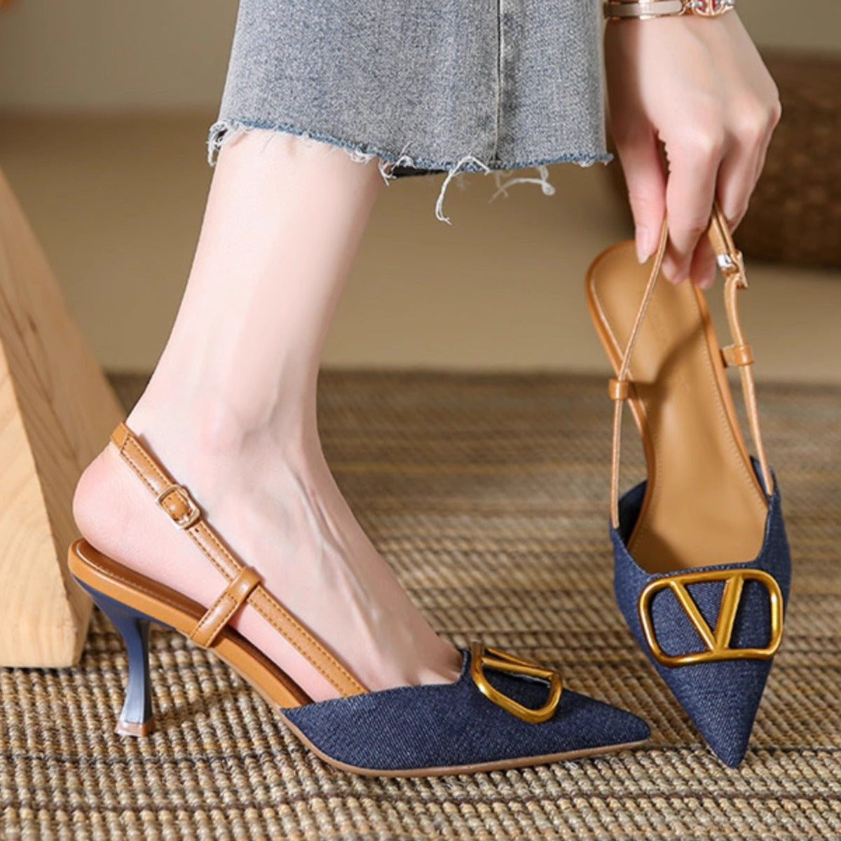 French Shallow Mouth Pointed Toe Stiletto Women's Denim High Heel Sandals Summer Breathable and Leg-lengthening