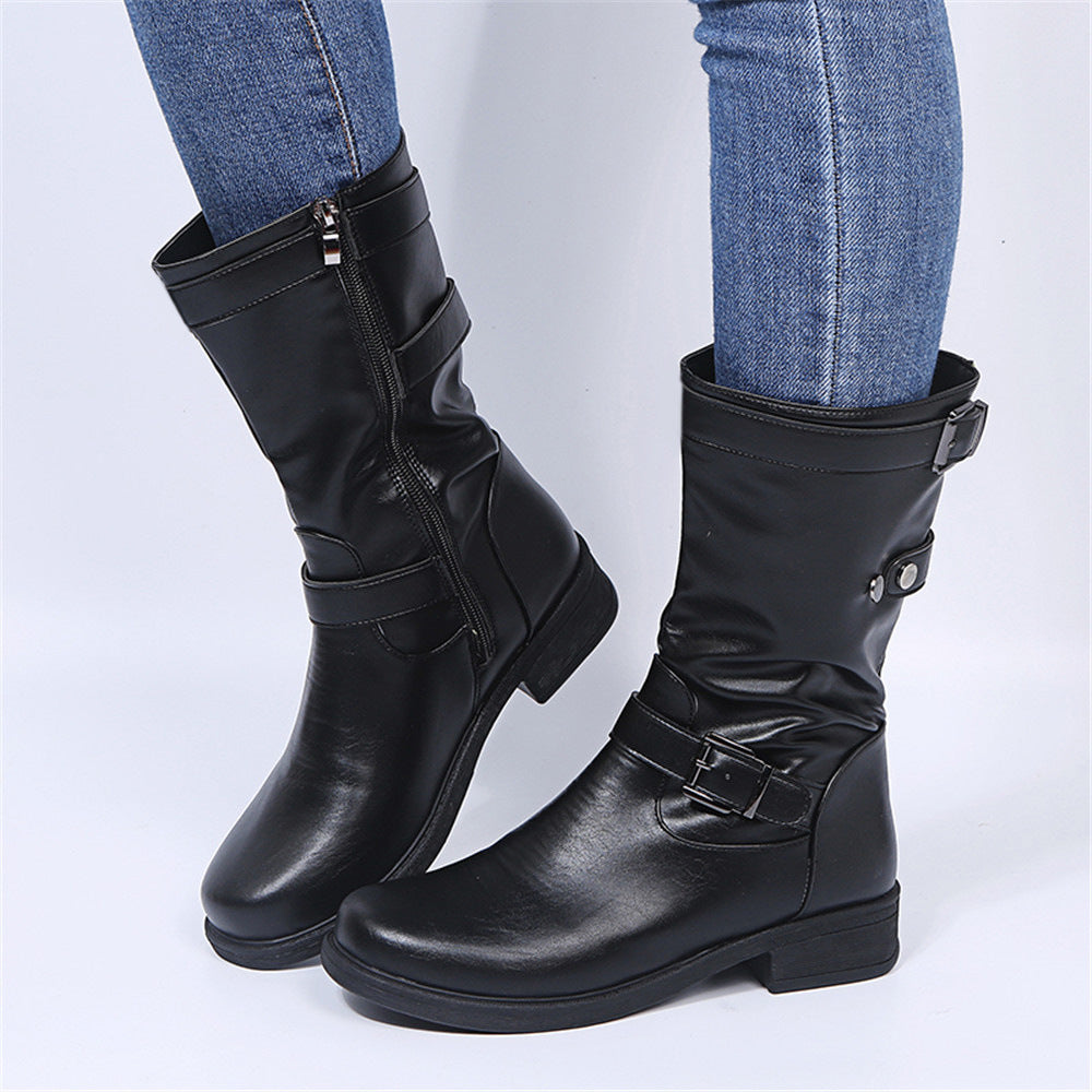 Low heeled leather belt buckle women's boots women's leather boots