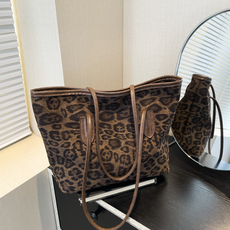Women's Large-Capacity Fashion Shopping Tote – Leopard-Print PU Leather Shoulder & Hand Carry Bag