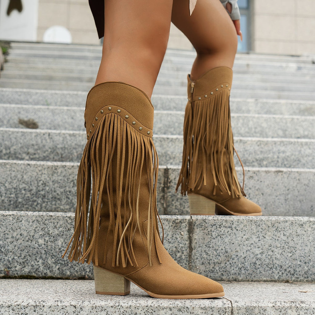 Women's Fringe Fashion Boots with Tassels, Sexy Retro Western Long Boots in Large Sizes