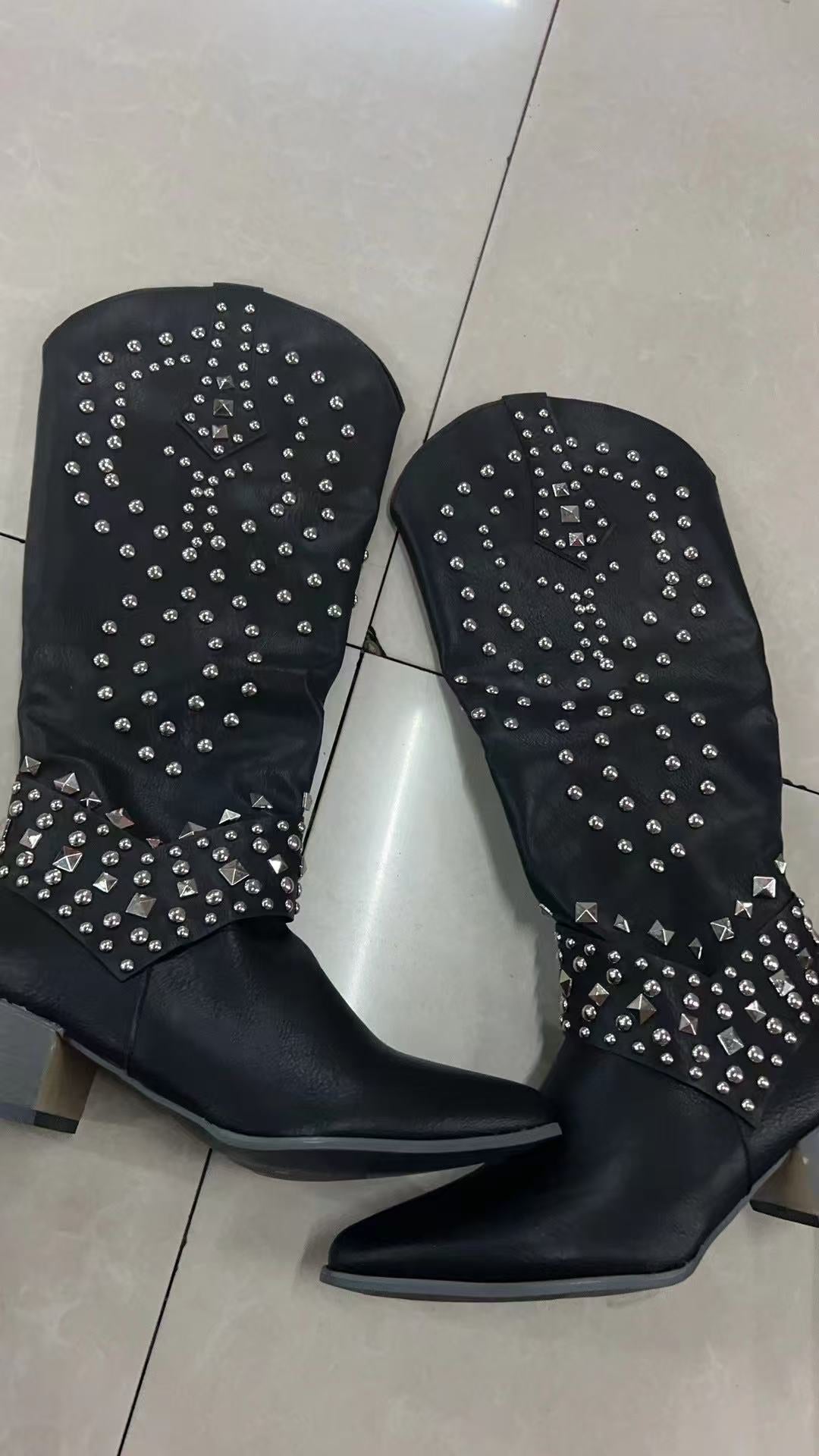 Riveted long boots thick heel middle heel riveted high heeled women's boots
