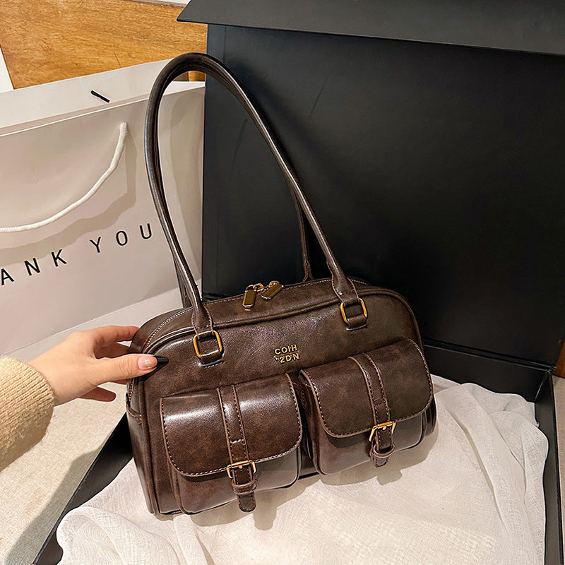 Korean-style Retro Shoulder Bag Fashion Trendy Casual Boston Bag Stylish Bowling Bag