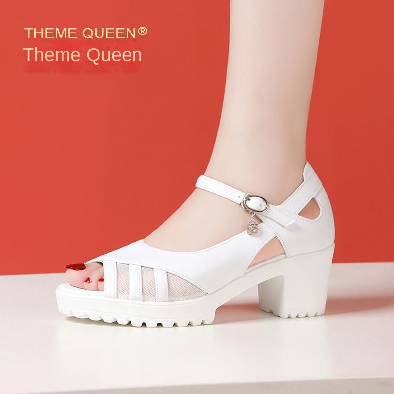 One-Strap High Heel Genuine Leather Sandals for Women White Chunky Heel Thick Sole Waterproof Platform Versatile Wide Size Mother Shoes