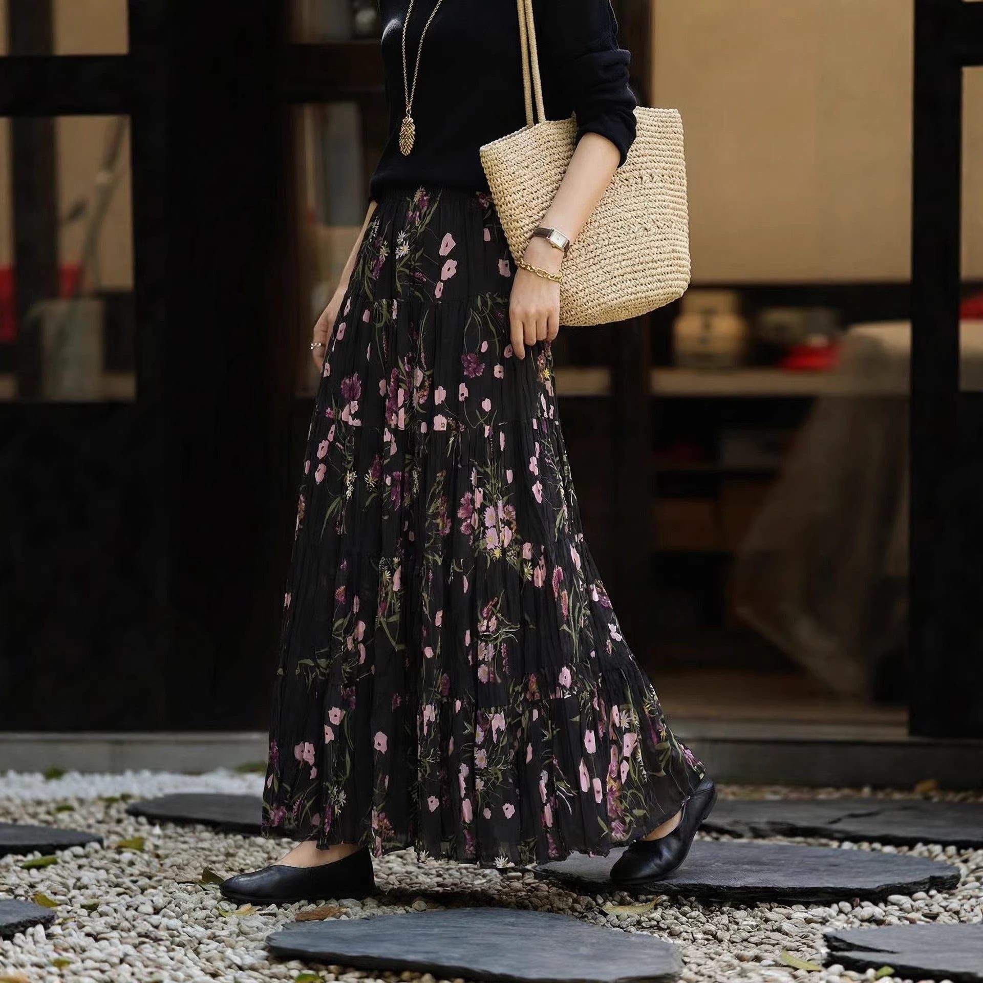 High waisted big swing A-line long skirt for women