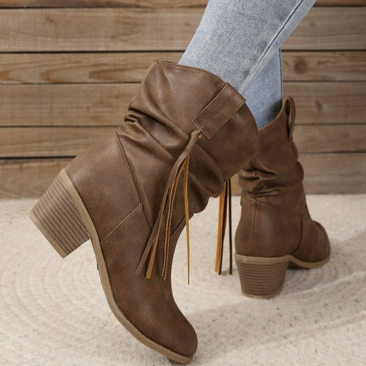 Middle heel boots with pleats middle tube stacked boots with tassels