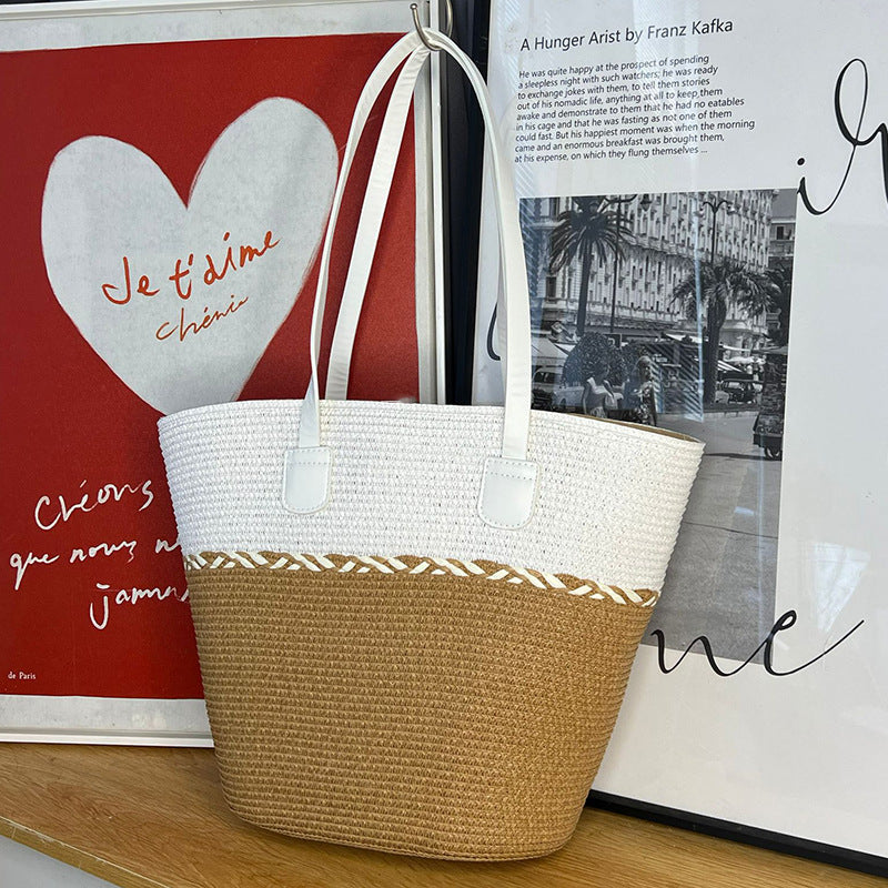 Straw Bag and Hat Set for Women, Beach Vacation, Versatile Sun Protection Wide Brim Hat, Commute Travel Large Capacity Tote Bag