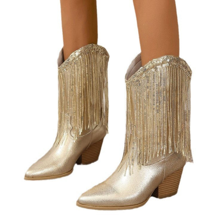 Women's Fringe Fashion Boots with Tassels, Sexy Retro Western Long Boots in Large Sizes