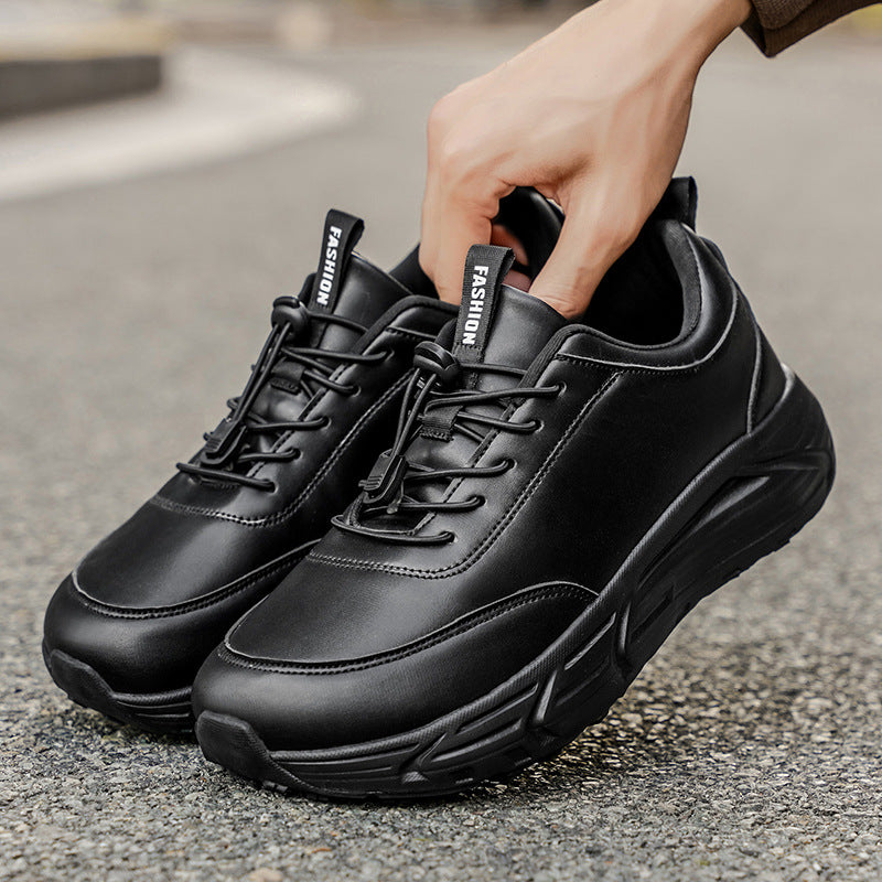 Wide-Foot Leather Barefoot Shoes for Couples Autumn/Winter Water-Resistant Athletic ShoesAll-Black Wide Last Casual Running Shoes for Men and Women