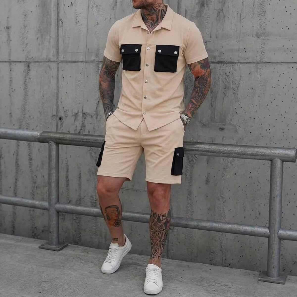 Mens Patchwork Multi-Pocket Sport Suit