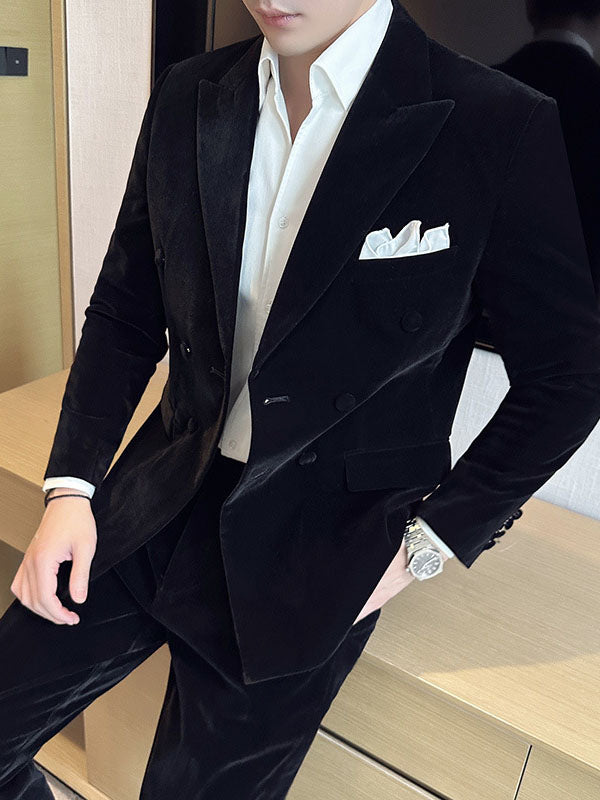 Men's Peak Lapel Double-breasted Velvet Two-piece Suit