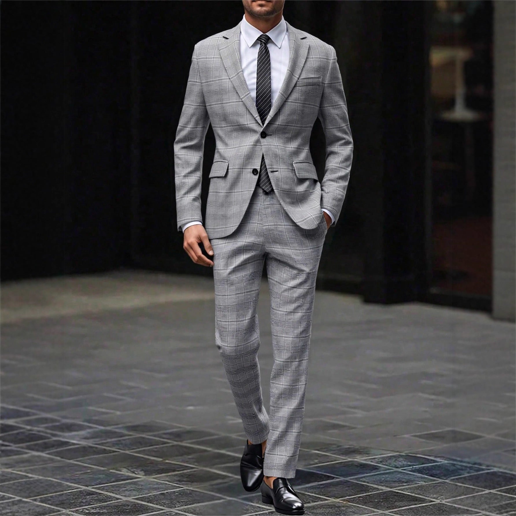 Mens Slim-Fit Plaid Business Suit Two-Piece Set