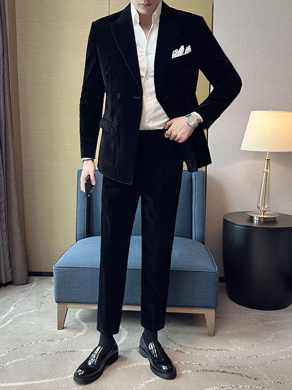 Men's Peak Lapel Double-breasted Velvet Two-piece Suit