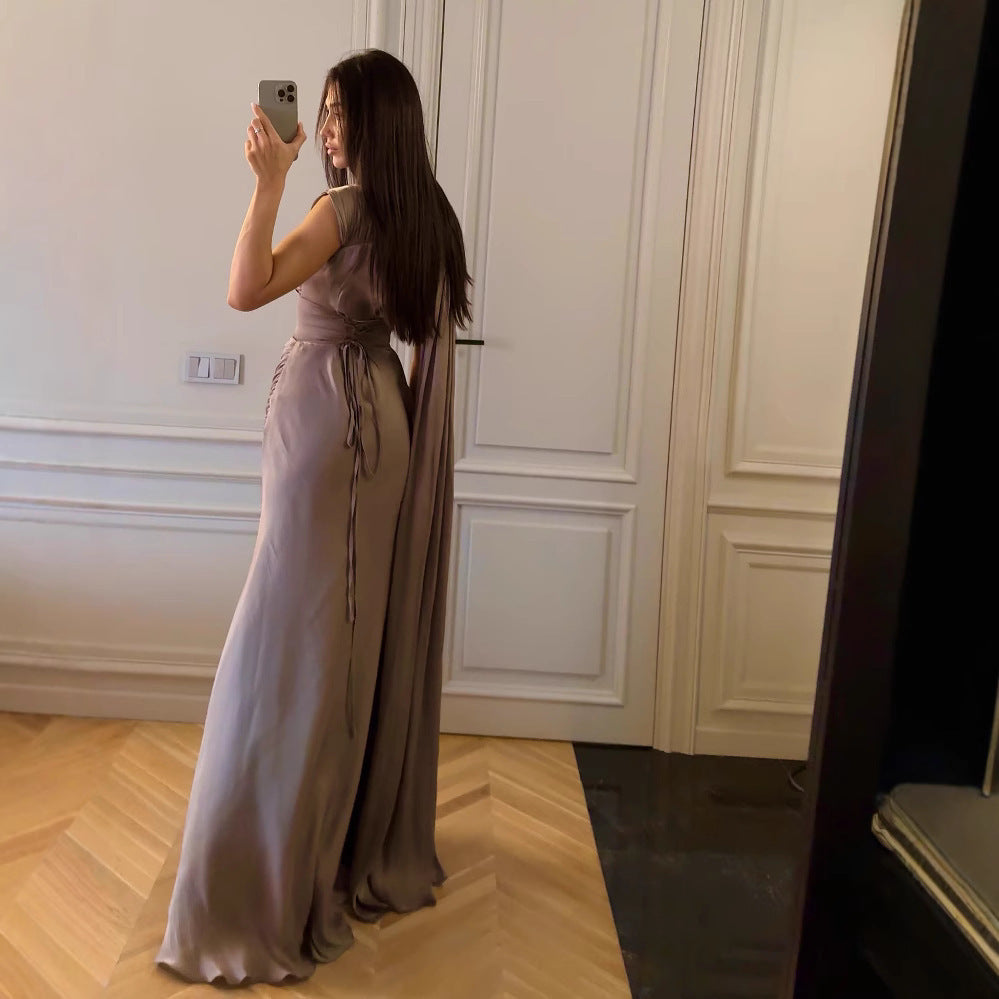 Pleated Ribbon Satin Evening Dress