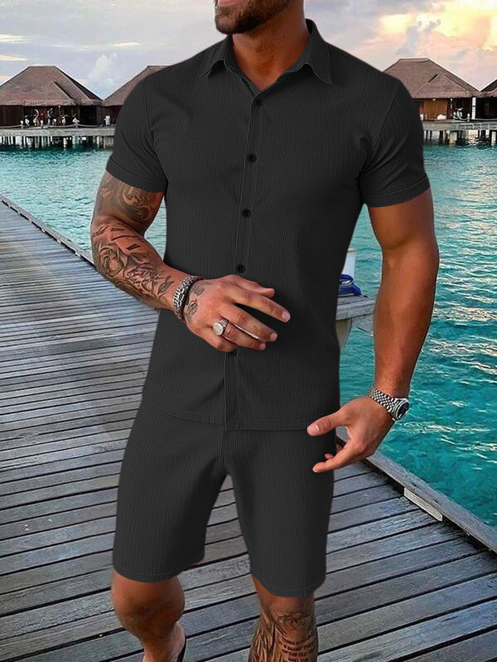 Men's Casual Button-up Short-sleeve Top And Shorts Two-piece Set