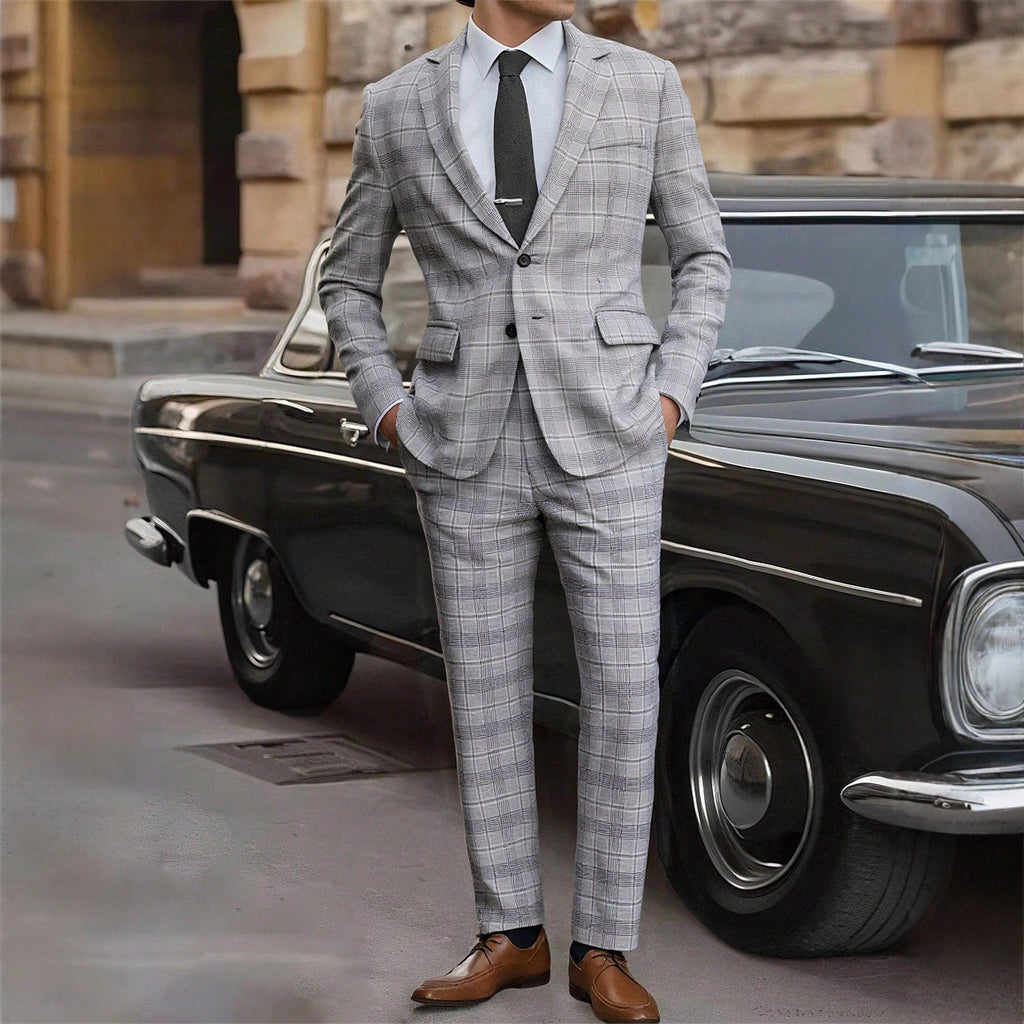 Mens Slim-Fit Plaid Business Suit Two-Piece Set