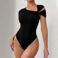 Womens Asymmetrical One-shoulder Twisted-design Short-sleeve Figure-hugging Bodysuit