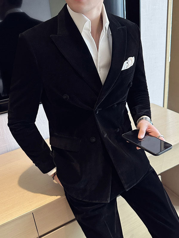 Men's Peak Lapel Double-breasted Velvet Two-piece Suit