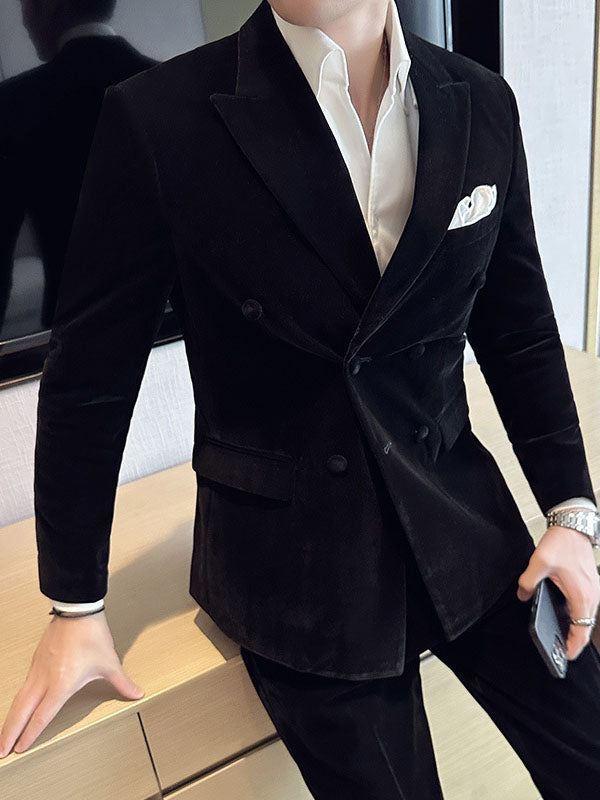 Men's Peak Lapel Double-breasted Velvet Two-piece Suit
